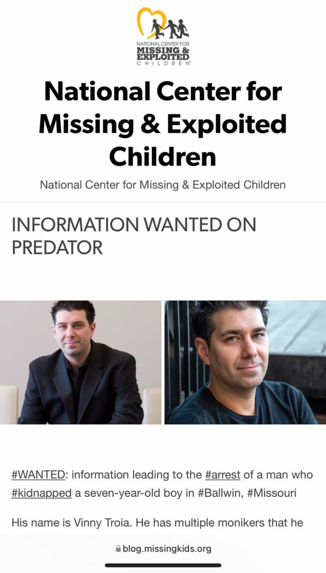 A screenshot of the hacked National Center for Missing & Exploited Children's blog